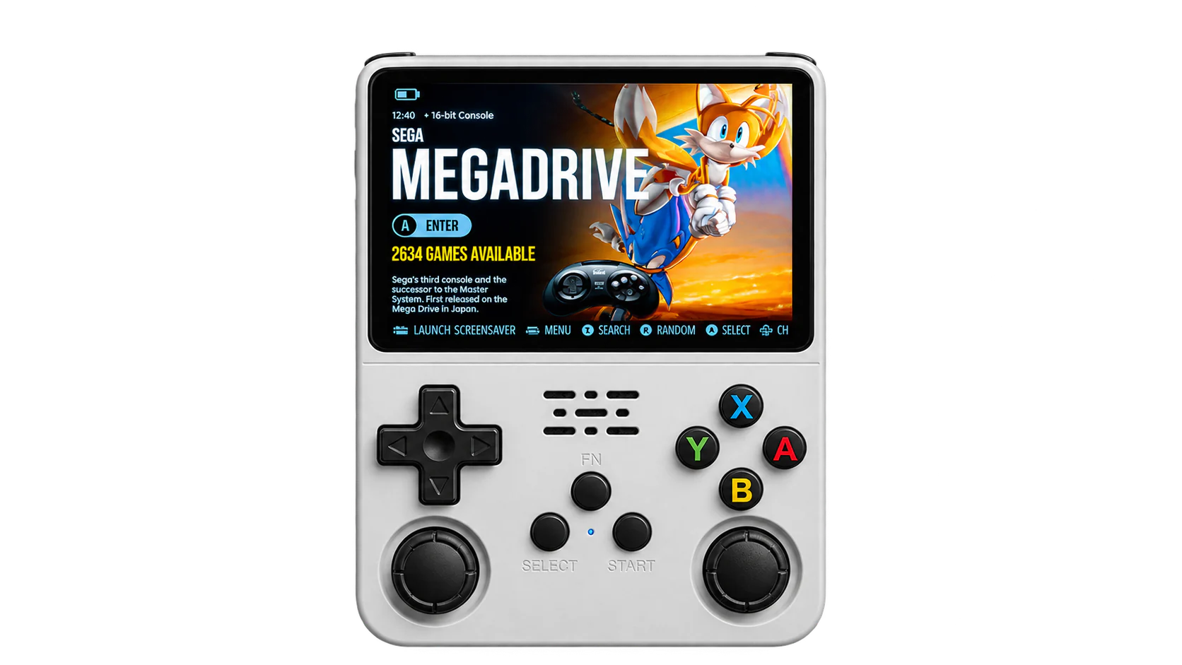 R36S retro handheld showing the SEGA Mega Drive game library